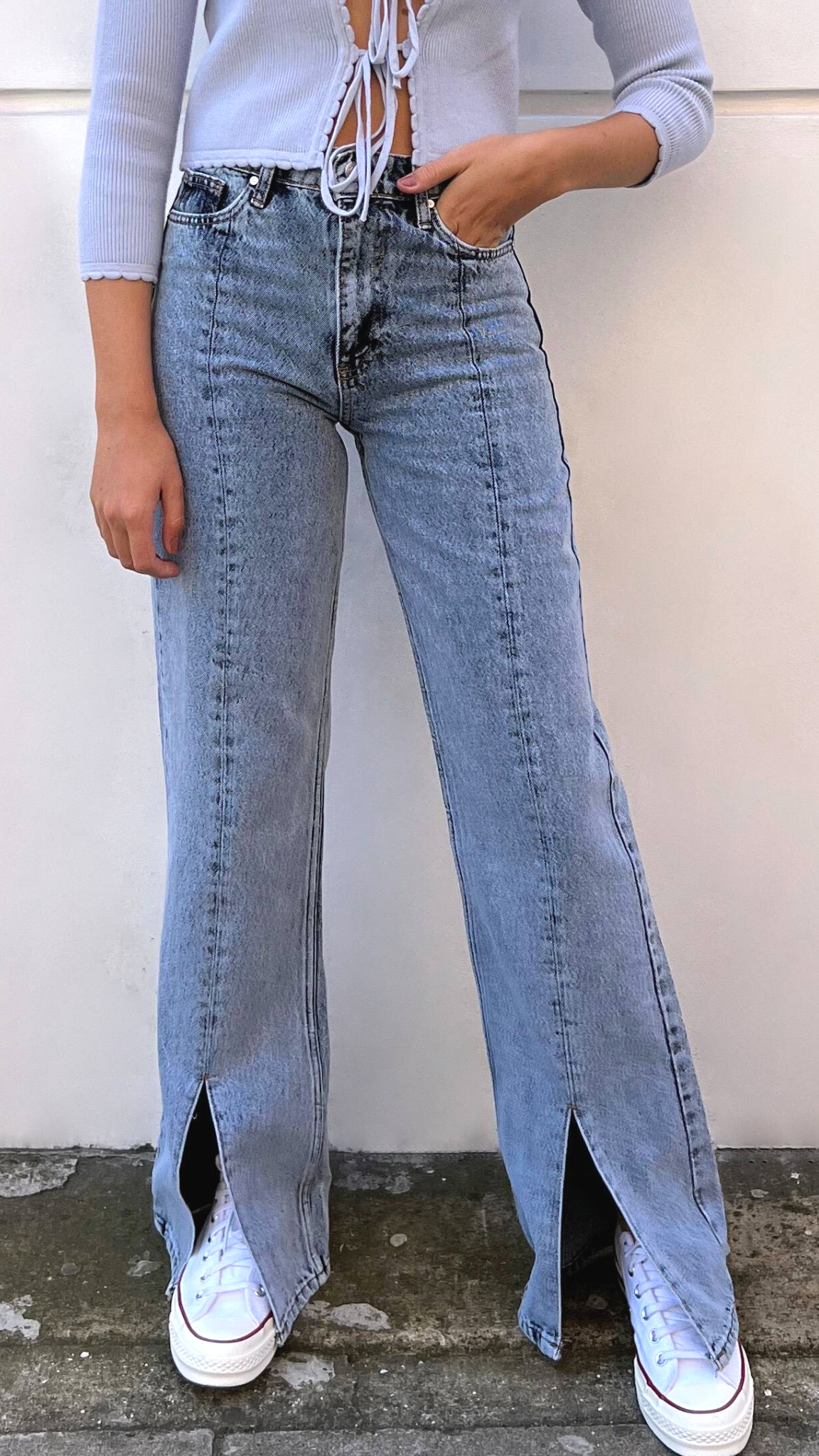 High-Waisted Wide-Leg Slit-Cuff Jeans Blue | The Taylor Clothing