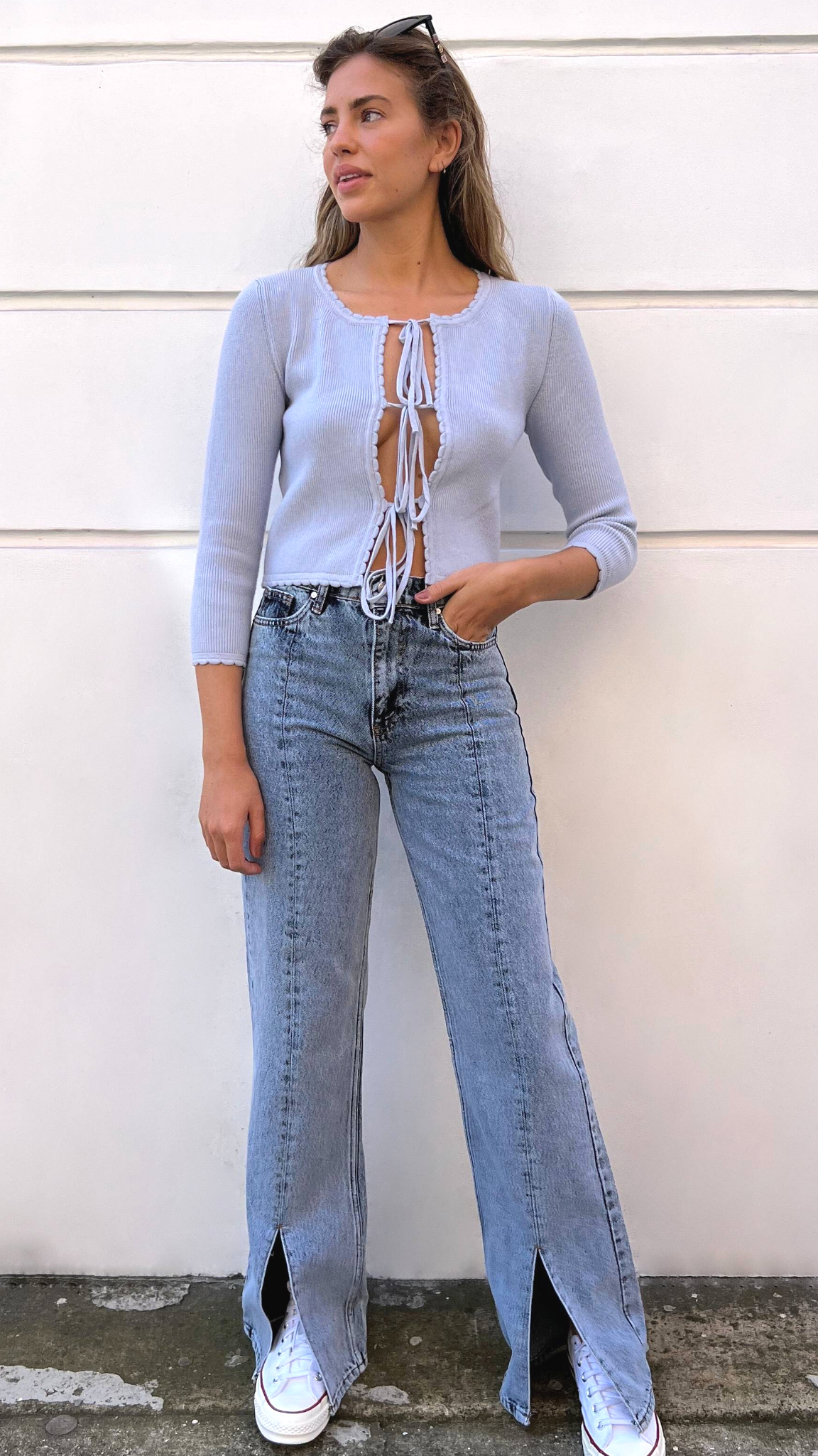 High-Waisted Wide-Leg Slit-Cuff Jeans Blue For Casual Days | The Taylor Clothing