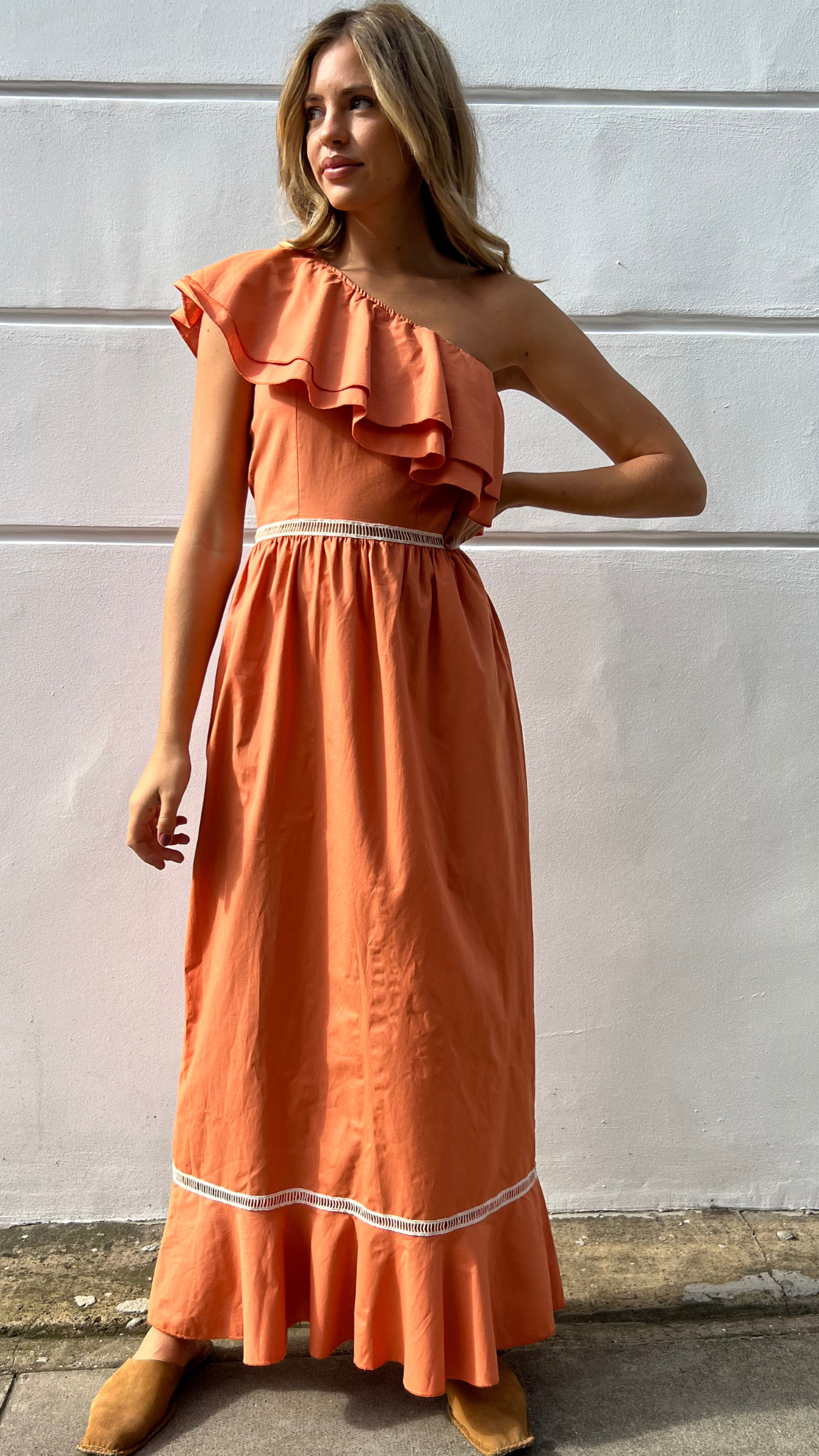 One-Shoulder Ruffle Trim Maxi Dress Relaxed Fit | The Taylor Clothing