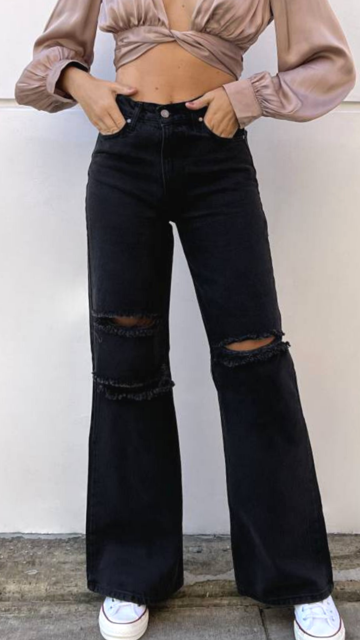 High-Waisted Wide-Leg Ripped Jeans in Black Color | The Taylor Clothing